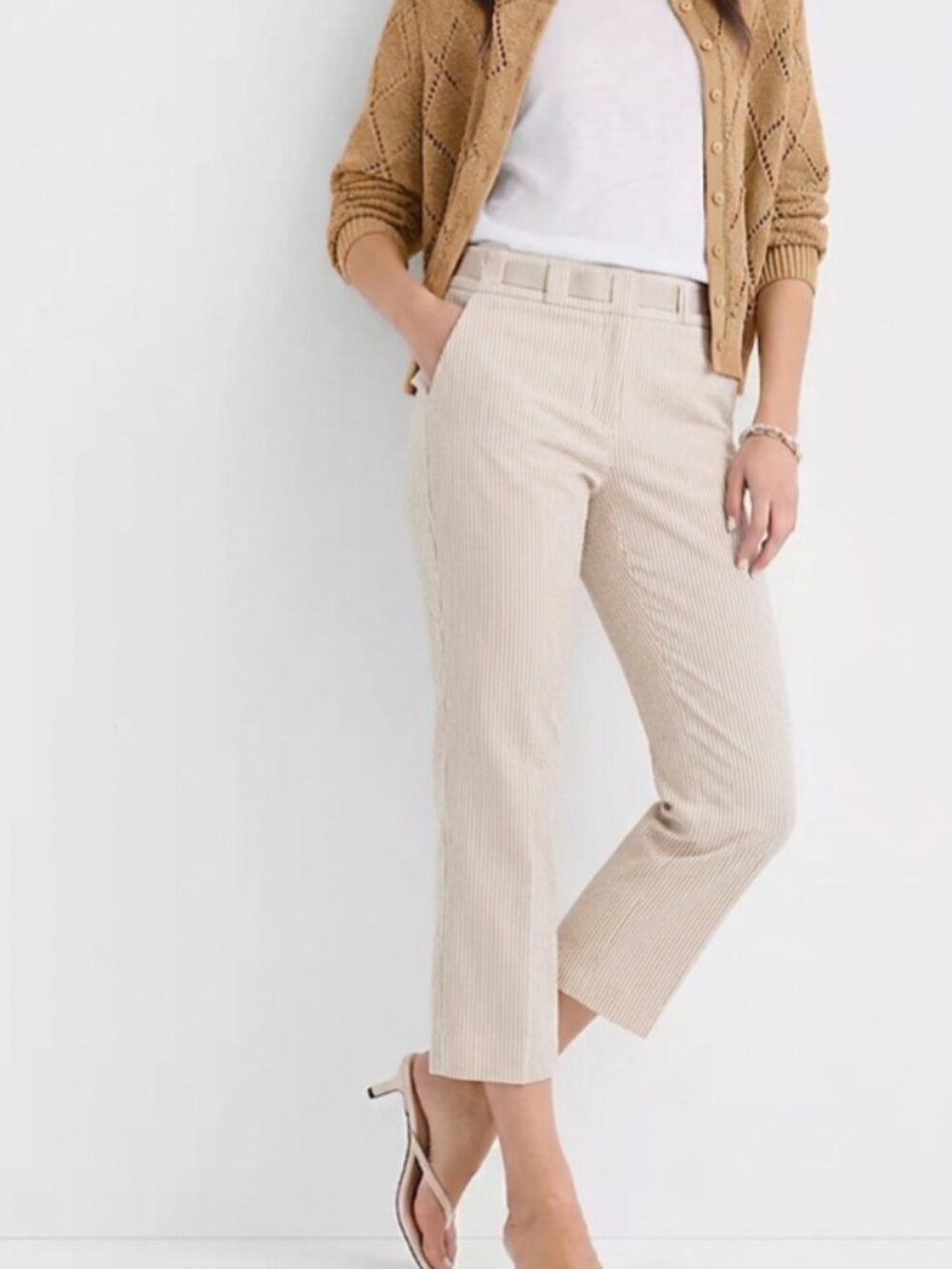 2/$29 INC ribbon waist cropped capri size 8 tan white pinstriped pants